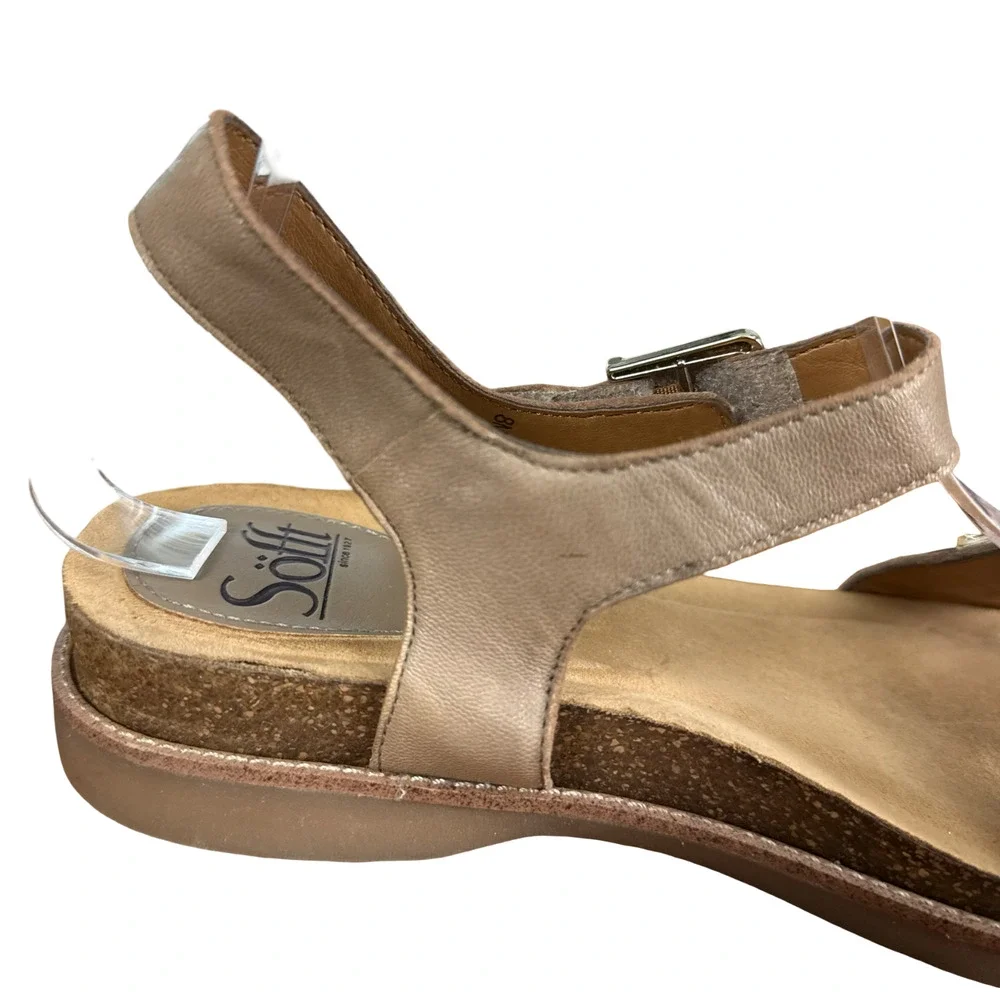 Sofft Leather Beige Gold Ankle Strap Sandals Low Wedge Open Toe Shoes sz 8 M